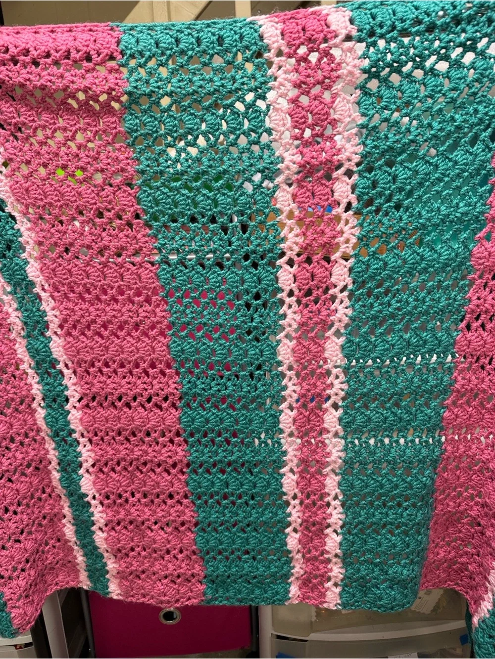 Handcrafted Teal and Pink Crochet Throw Blanket - Soft Accent Throw